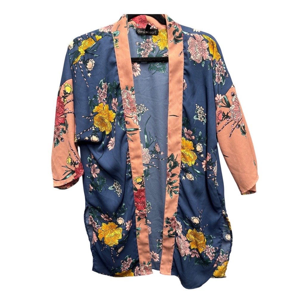 Derek Heart Floral Kimono Cardigan Womens Medium Blue Peach Excellent Open Front